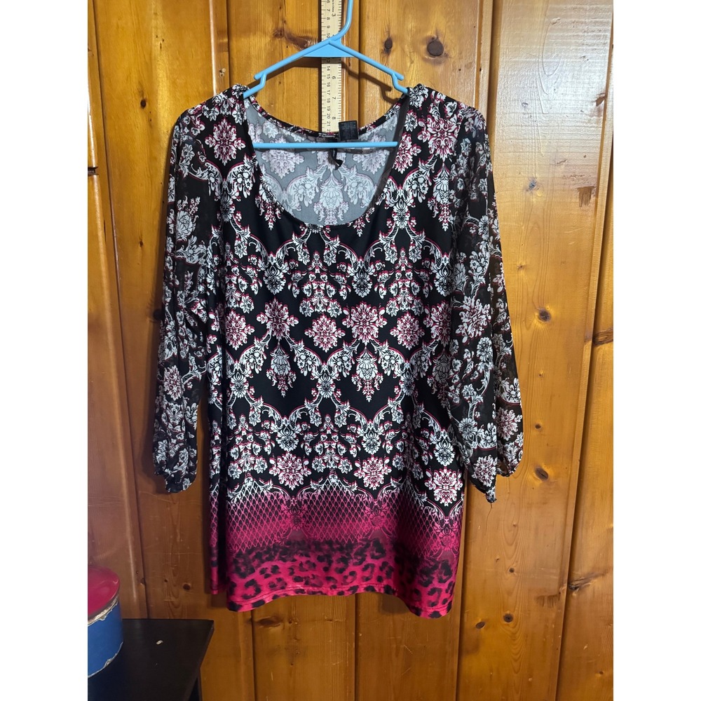 New Directions Womens XL Damask Leopard Print Tunic Top Pink Black 3/4 Sleeve